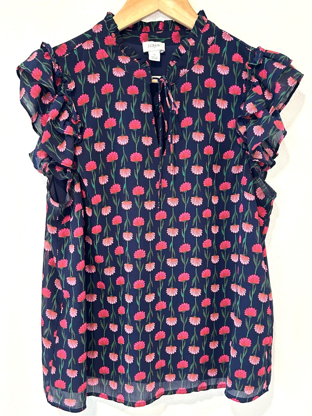 J. Crew Navy Blue Floral Satin Ruffle Blouse Preppy Cottagecore Office Size S